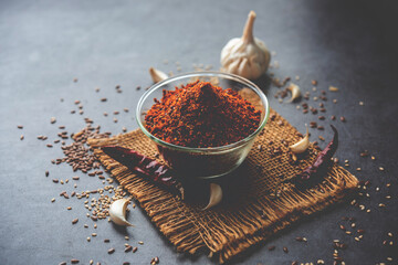 Jawas or Javas chutney made using Flax seeds, flaxseeds powder, garlic, red chilly, Indian relish