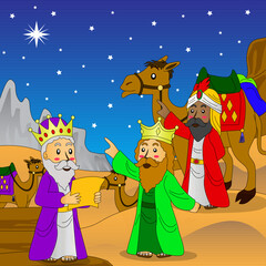 bible story illustration, three wise men searched for the birthplace of jesus by looking at the star signs in the sky. vector, eps10, editable