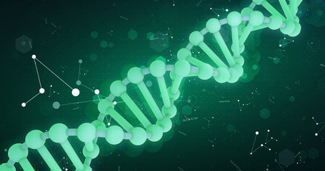 Naklejka premium Green DNA molecule, Double Helix Spiral, human genome. Medical research, genetic engineering, biology. Abstract Background, 3D render of DNA molecule