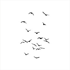 Fototapeta premium A Hand Drawn Flock of Flying Birds and Sun. Monochrome Bird Silhouettes.