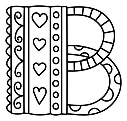 Doodle letter B. Hand drawn line ABC. Sketch alphabet. Kids illustration for coloring book