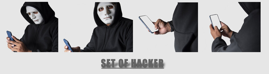 Set of images of an anonymous masked hacker using a smartphone to hack credit card financial information. concept of hacking and malware