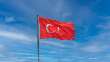 Turkish flag waving in a cloudy blue sky background.