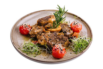 Grilled bbq steaks with fresh herbs and tomatoes