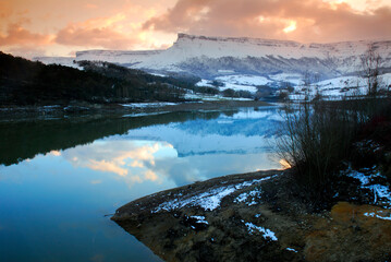 Snow in the Maroño reservoir and Sierra Salvada Basque Country. Spain