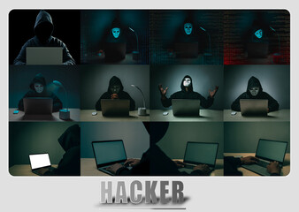 Set of images of hackers thinking big financial theft. Anonymous hackers are hacking highly protected financial information through computers.