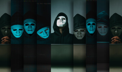 Set of images of hackers thinking big financial theft. Anonymous hackers are hacking highly...