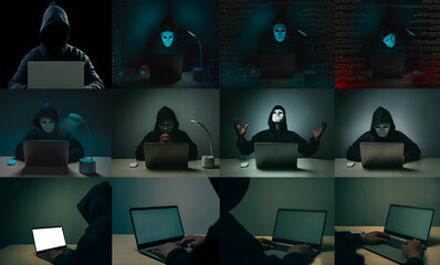 Set of images of hackers thinking big financial theft. Anonymous hackers are hacking highly protected financial information through computers.
