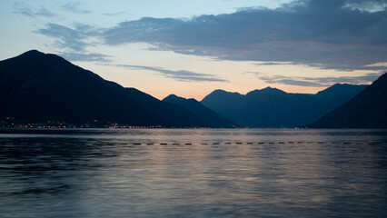 Kotor bay in the evening, Montenegro. Mountains and sunset