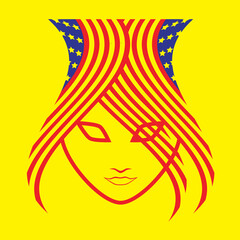 Logo design of a woman's head with variations of the American flag as her hair. logo looks symbolic and elegant for product or fashion logos and something related to beauty.