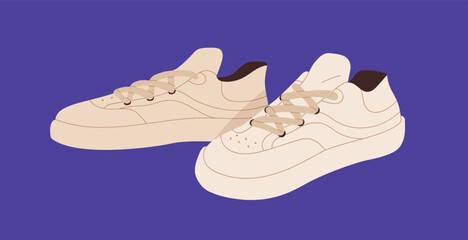 Modern casual sport shoes, leather sneakers. Fashion comfortable footwear pair. Laced sportive low-top footgear design. Comfy foot wear model, trainers. Isolated flat vector illustration