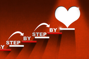 3D illustration of a stair with red and white steps on a red wall with a white heart on the last step and text Step by Step. The way of love. - obrazy, fototapety, plakaty
