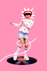 Vertical collage image of excited overjoyed girl toothy smile mouth instead head dancing big vinyl...
