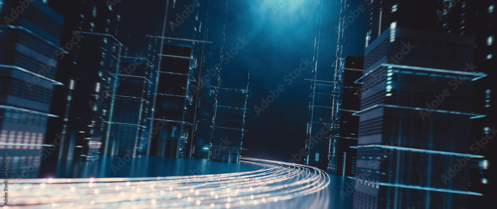 Poster 3d rendering of light path trail running through digital sci-fi hologram buildings in city. for next