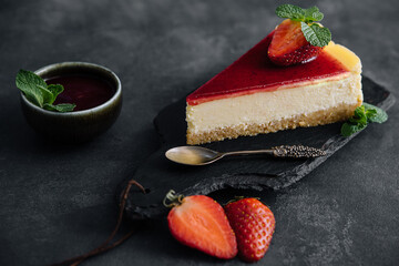 Strawberry cheesecake slice close up on a dark