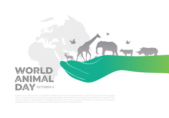 World animal day with world map and animal on hand background celebrated on october 4.