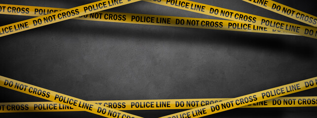 Crime scene with yellow police line. True crime story podcast background banner with copy space. Do...