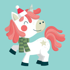 Cute unicorn with a stripped scarf and a Santa's hat, Christmas illustration