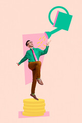 Vertical collage picture of excited guy stand pile stack coins under money flow pouring isolated on...