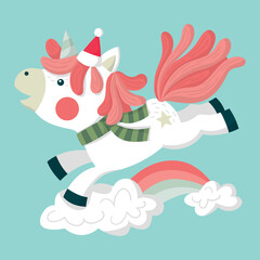 Obraz na płótnie Canvas Cute unicorn jumping on the clouds and rainbow, Christmas illustration