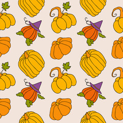 Fototapeta na wymiar Autumn seamless pattern, square background, hand drawn pumpkins