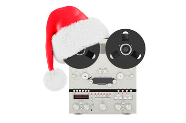 Retro reel-to-reel tape recorder with Christmas Santa hat. 3D rendering