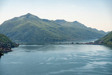 Obraz premium Lake of Lugano, Melide and Campione with Mount St. Giorgio in the back