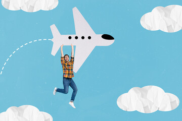 Collage photo of youngster excited man hold painted aircraft fly air good mood positive destination high clouds vacation isolated on drawing sky background