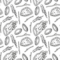 Hand drawn ginseng seamless pattern. Vector illustration in sketch style. Medicinal plant background. Botany design