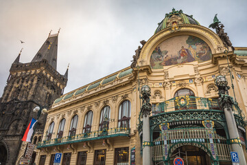 Powder Tower and Municipal House theater at evening, Prague old town, Czech