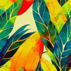 A colourful, repeatable pattern of tropical leaves and plants, watercolour. 