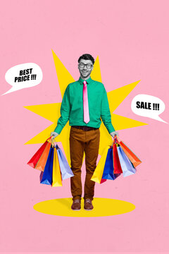 Vertical collage image of excited guy black white colors hold packages best price sale announcement isolated on drawing background