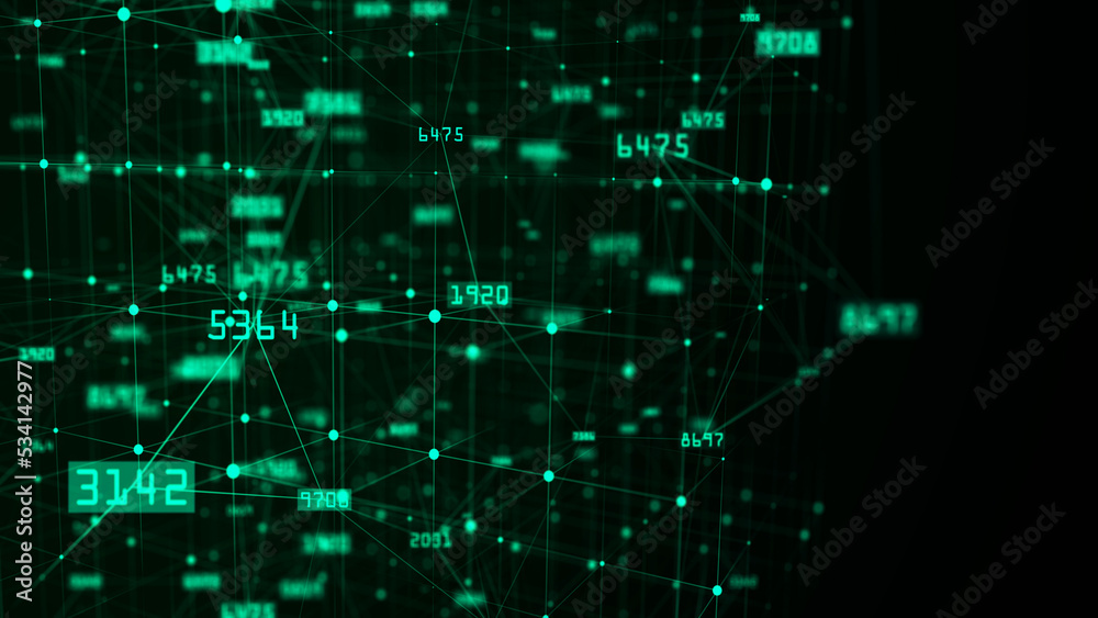 Poster The concept of data connection in the blockchain network. Digital cyberspace data flow background. Network connections structure. Big data visualization. 3D rendering.