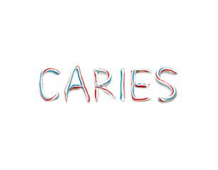 The word „caries“ written with blue, red and white striped toothpaste, toothpaste letters	