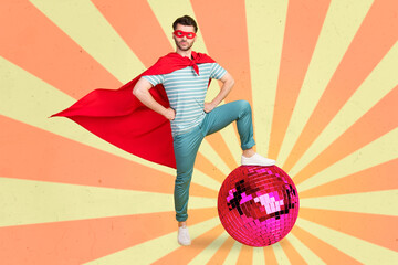 Creative photo collage illustration of strong king of party man arms on waist hand on disco ball...