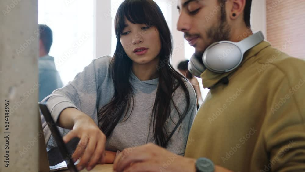Aufkleber Creative man, woman and laptop teamwork discussion, talking and speaking on software code data at tech startup. Cyber security programmer people in collaboration, cooperation and fix 404 coding error
