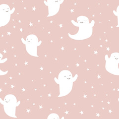 Cute Halloween ghost on pink background decorated with stars, kids holiday seamless pattern.
