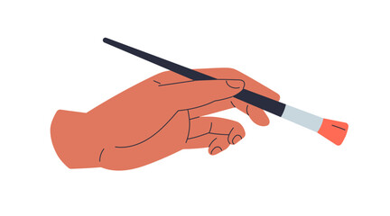 Artists hand holding paint brush. Painters arm squeezing paintbrush handle, painting. Fingers with drawing tool, art instrument. Flat graphic vector illustration isolated on white background