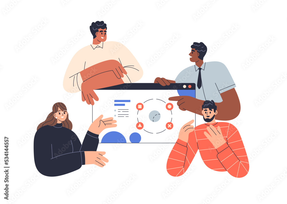 Aufkleber Business team presenting digital project, work. Presentation of website interface design. Teamwork and online web internet product. Flat graphic vector illustration isolated on white background