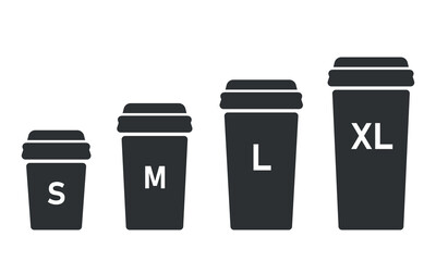 Size of coffee cup set. Small, medium and large take away drink. Vector illustration on white background Silhouette