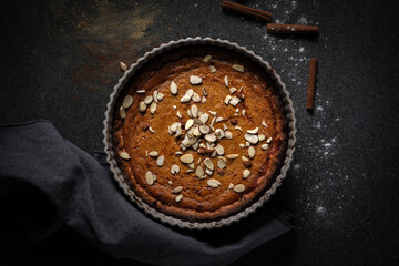 Freshly baked pumpkin pie flatlay