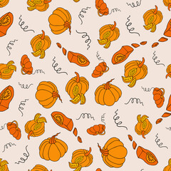 Autumn seamless pattern, square background, hand drawn pumpkins