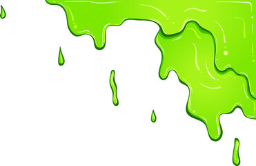 Green dripping paint right corner. Vector dripping liquid isolated on white. Colored slime flowing down. Leaking paint