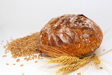 Baked bread and wheat. White background.