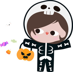 kid in skeleton suit with ghost candy halloween
