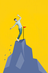 Vertical collage illustration of impressed guy black white gamma stand balancing mountain top finish destination flag