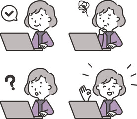 パソコンを操作する高齢女性のイラスト素材セット
