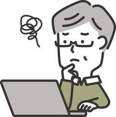 パソコンを見ながら悩んでいる高齢男性のイラスト