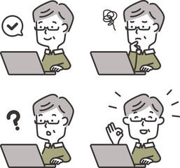 パソコンを操作する高齢男性のイラスト素材セット