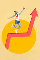 Collage 3d image of pinup pop retro sketch of funny funky guy sportsman hold golden goblet medal beat record success achievement arrow up